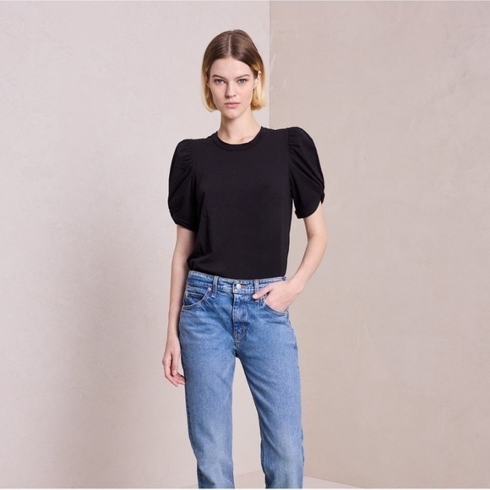 A.L.C. Kati Cotton Ruched Puff sleeve Cotton Top Shirt Tee Black Small